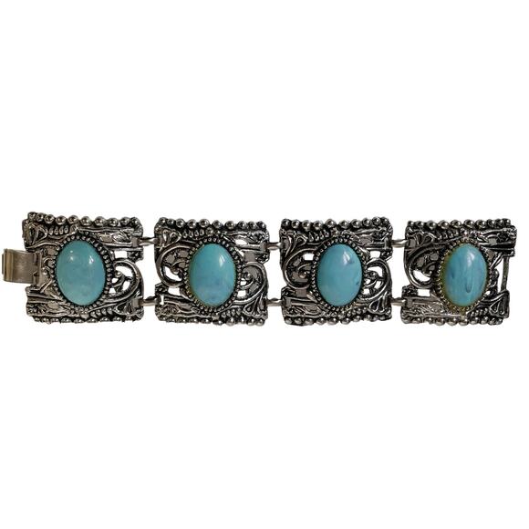 1980s Silvertone with Bezel Set Faux Turquiose Chunky Link Boho Hippie Bracelet - Picture 5 of 5